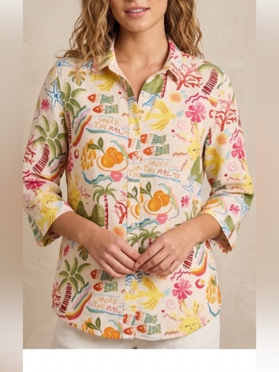 Calypso St. Barth Tops - Calypso St. Barth L tropical Print Button-Up Shirt Palm Fruit Floral 3/4 Sleeve